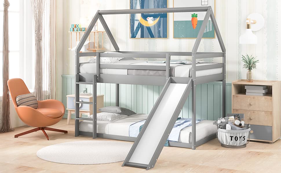 Kids Twin Over Twin Bunk Beds with Slide and Trundle, Solid Wood Bunk Bed Frame with Stairs and Storage