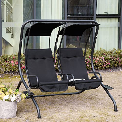 Outsunny Patio Swing Chair with 2 Separate Seats, Outdoor Swing with Removable Canopy and Cup Holders for Porch, Garden, Poolside, Backyard, Gray