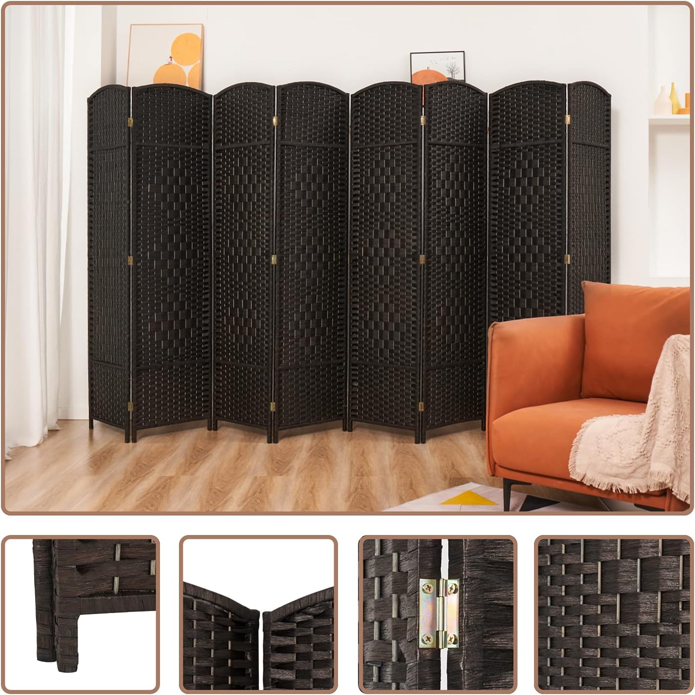 Excited Wrok Room dividers 6 ft. Tall Folding Privacy Screen Tall Extra Wide Partition Foldable Panel Wall Divider (Coffee, 8-Panel)