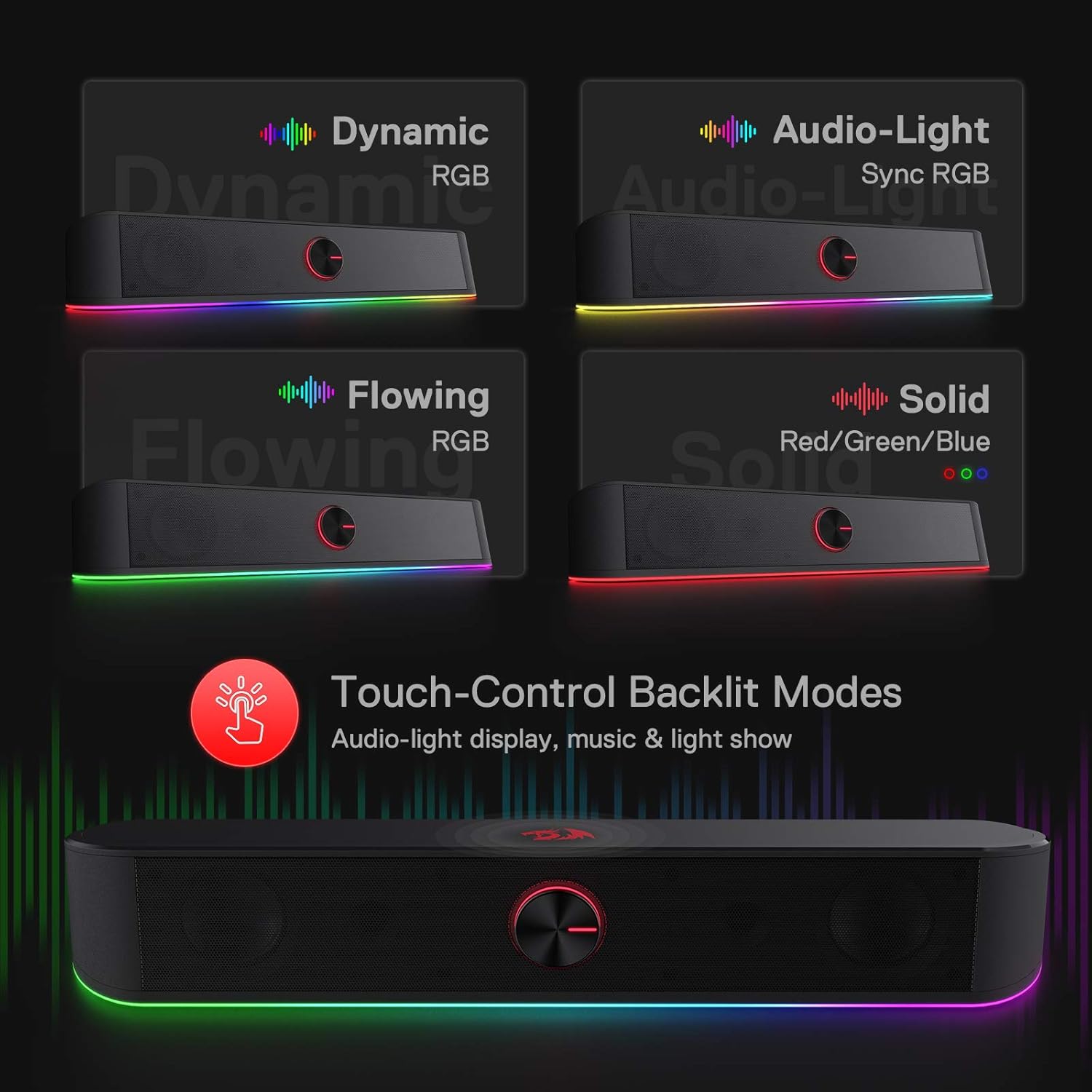 Redragon GS560 Adiemus RGB Desktop Soundbar, 2.0 Channel Computer Speaker with Dynamic Lighting Bar Audio-Light Sync/Display