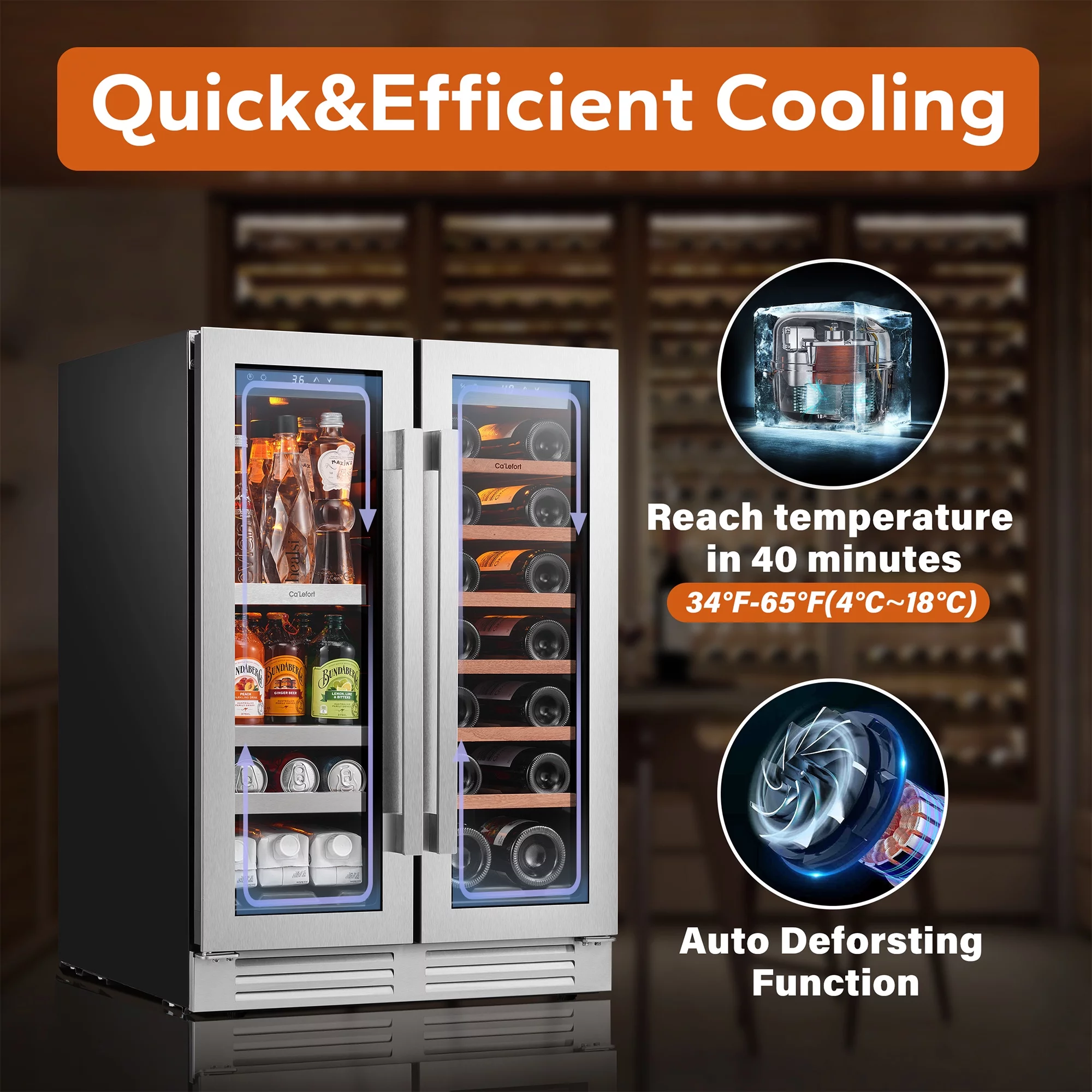 Ca'Lefort 24 inch Wine Cooler Beverage Refrigerator, Hold 60 Cans and 20 Bottles Dual Zone Wine Fridge with Stainless Steel French Door