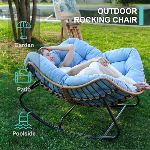 SWITTE Outdoor Rocking Chair, Oversized Patio Papasan Rocker, Comfy Wicker Reading Lounge, Indoor Egg Chair for Bedroom, Living Room, Porch, Garden