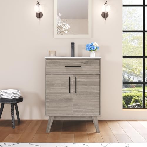 AMERLIFE 24.5" Bathroom Vanity with Sink Combo, Mid-Century Modern Small Single Bathroom Cabinet Set, Integrated Sink