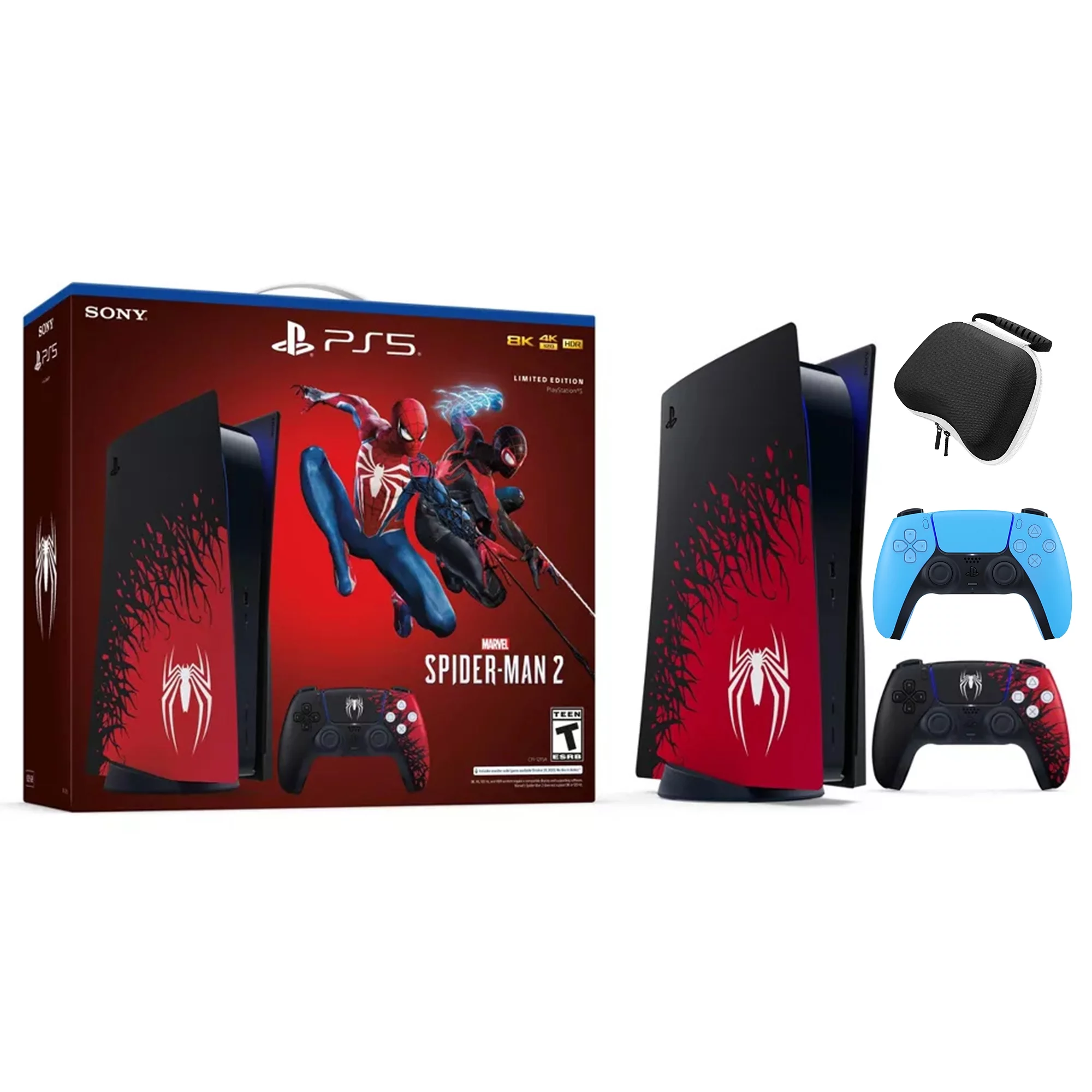 PlayStation 5 Disc Edition Marvel's Spider-Man 2 Limited Bundle with Two Controllers Spider-Man and Starlight Blue DualSense and Mytrix Hard Shell