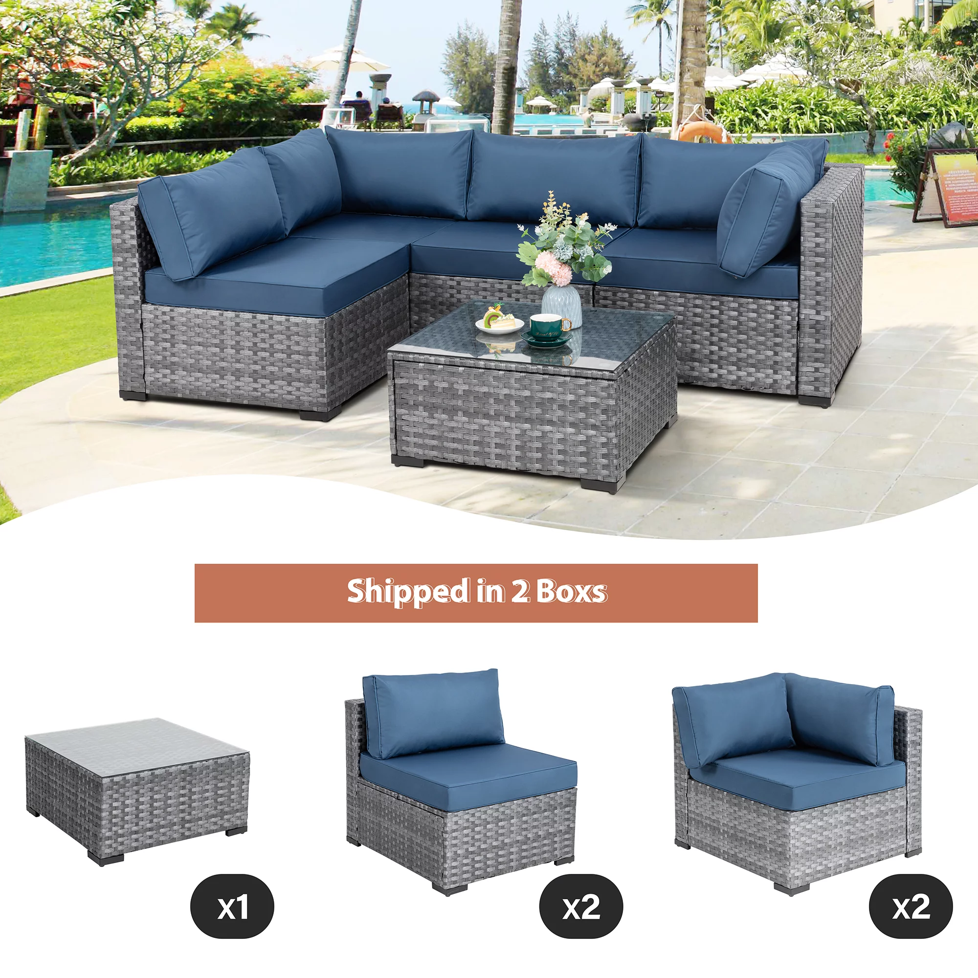 5 Pieces Patio Furniture Sets, Wicker Outdoor Sectional Furniture with Glass Table and Cushions, Rattan Patio Conversation Sets(Aegean Blue)