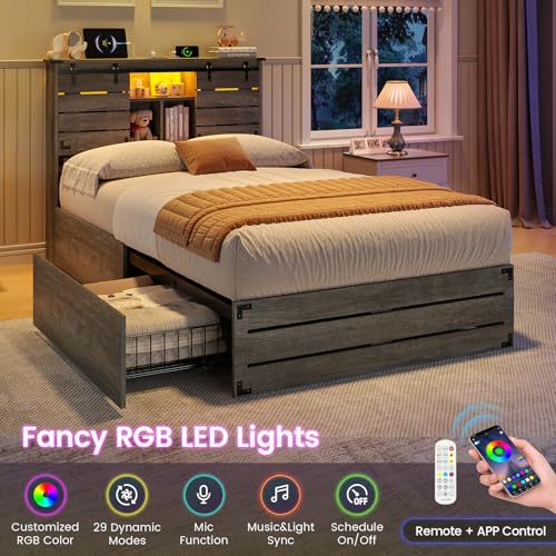 VIAGDO Wooden Bed Frame Queen Size with Bookcase Headboard and Sliding Barn Door, Farmhouse Queen Bed Frame with Charging Station