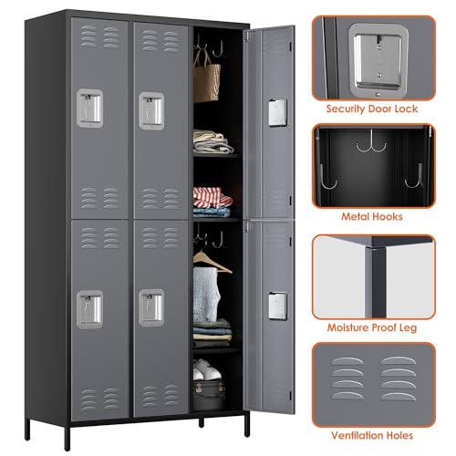 6 Door Metal Storage Locker 18 Hooks,Metal Locker for Employees with Lock for School Garage Office Gym Bedroom,Assembly Required