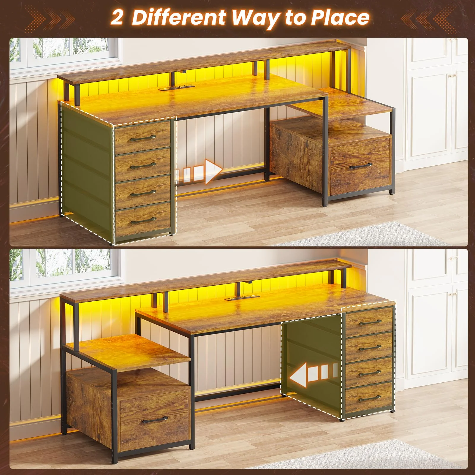 SEDETA Home Office Desk with File Drawer and Power Outlet, 66'' Computer Desk with 4 Drawer, Storage Shelves, Printer Cabinet and Monitor Shelf