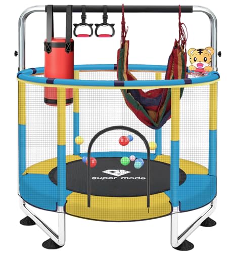 Trampoline for Kids, 5FT Adjustable for Toddler, Indoor/Outdoor Baby Trampoline with Enclosure Net, No-Gap Safe Design, Gifts for Boys & Girls