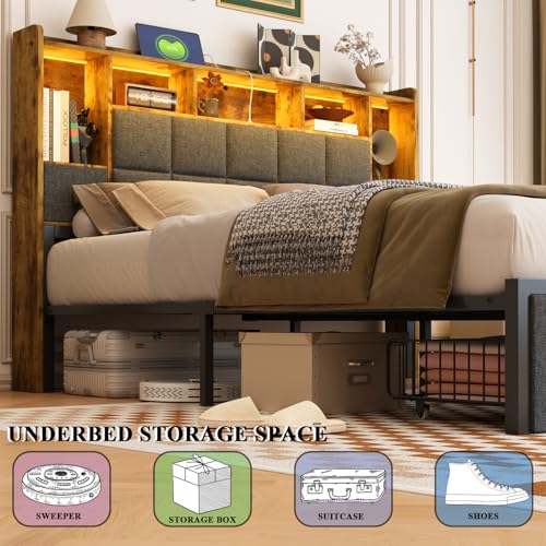 LED Bed Frame Full Size with Bookshelf Headboard, 2 Hidden Storage Drawers, Upholstered Platform Metal Bed Frame with Charging Station