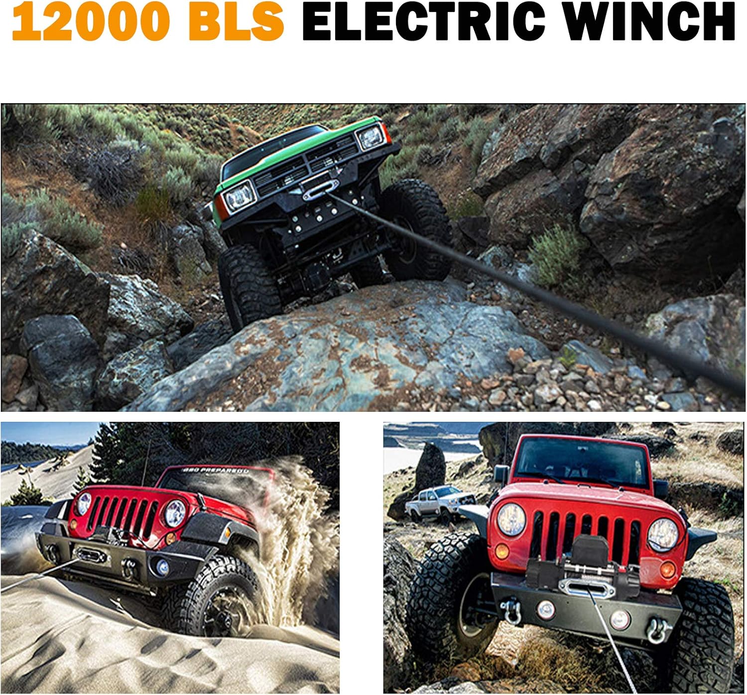 12V DC Winch with Synthetic Rope: 9.5MM X 28M(3/8"-91.86'), 6 Ton (12,000 lb) Pulling Capacity
