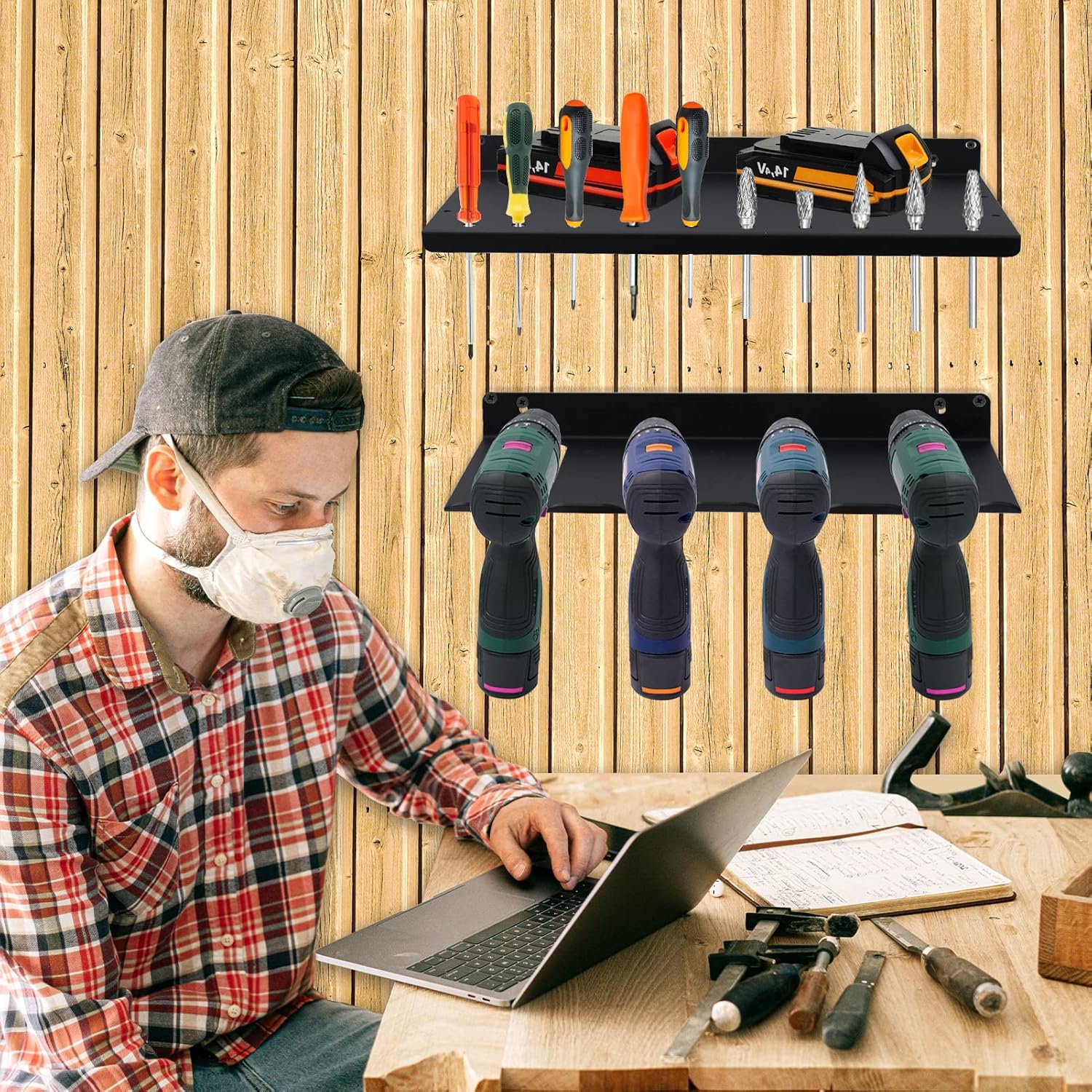 Electric Drill Storage Rack Holds 4 Drills, YOCOMEY Heavy Duty Metal Power Tool Storage Shelf, Wall Mounted Hanging Organizer for Garage, Home