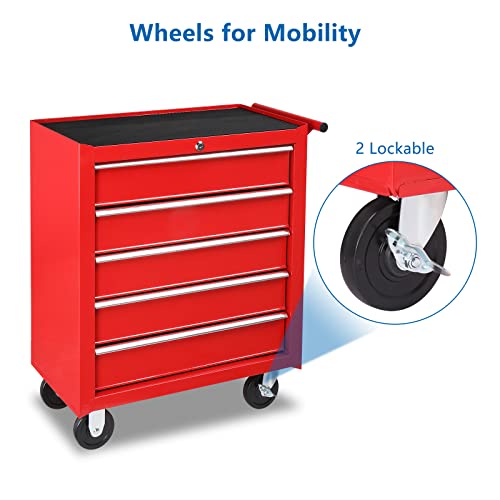 TUFFIOM 5-Drawer Rolling Tool Chest w/Drawers & Lock, Tool Storage Cabinet with Lockable Wheels, Top Cushion & Drawer Liners
