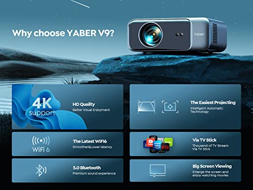 [Auto Focus] YABER Pro V9 4K Projector with WiFi 6 and Bluetooth 5.2, 500 ANSI Native 1080P Outdoor Movie Projector, Auto 6D Keystone & 50% Zoom
