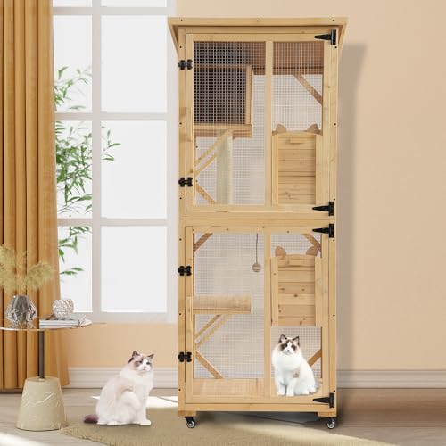 MAGIC UNION 71" Catio Outdoor Cat Enclosure Window Access, 4 Tiers Cats Playpen Catio with Wheels, Resting Box & Waterproof Roof