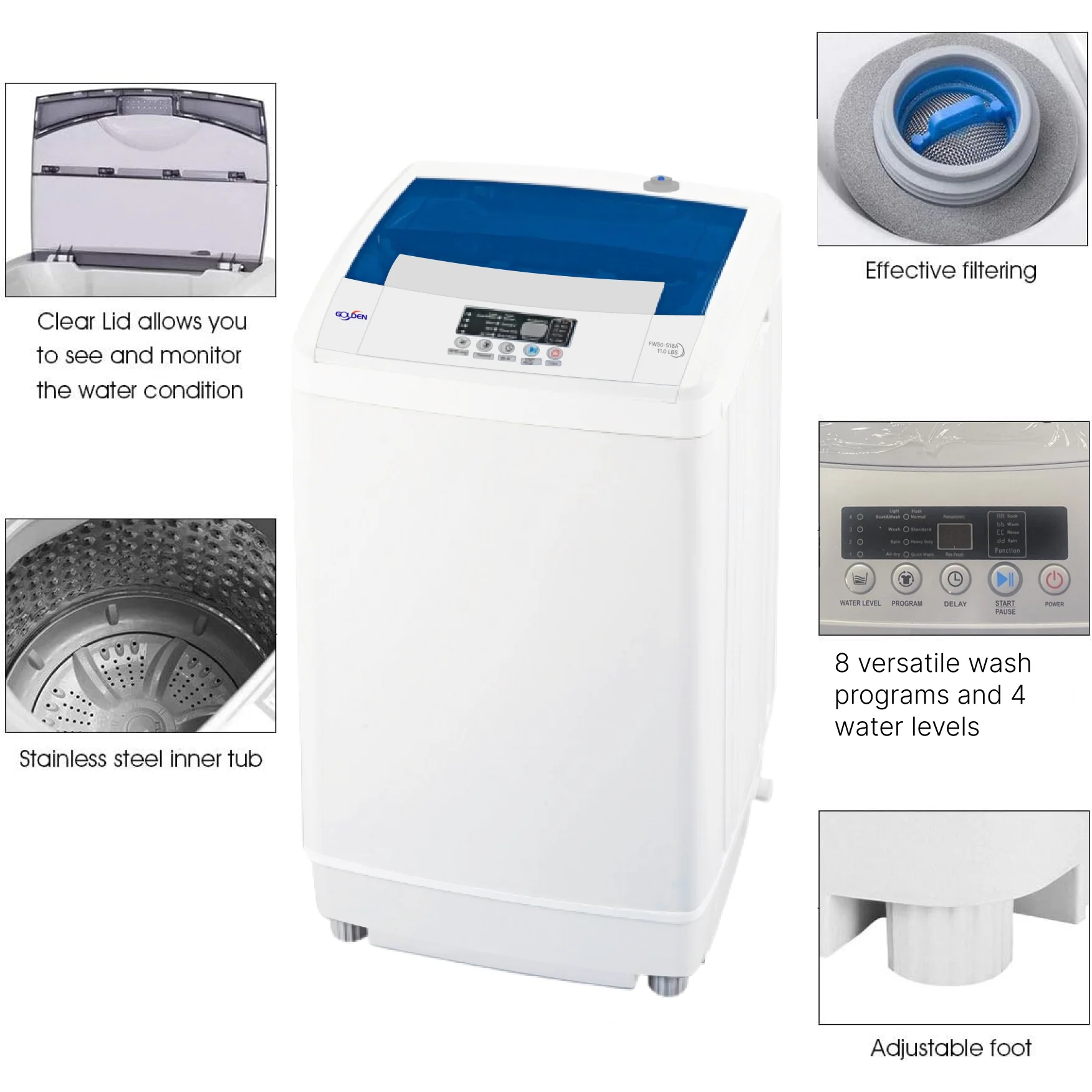 GOLDEN 1.6 Cu Ft. /11.0 LB Ft Portable Washer Top-load for Apartment, Dorms, Camping and More