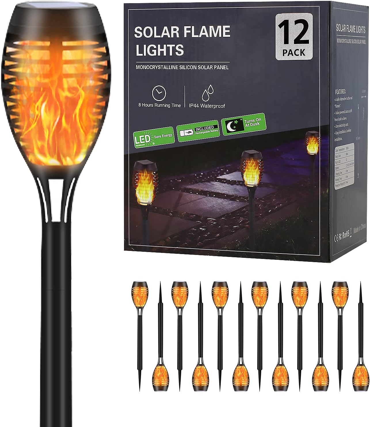 SOLATINO Solar Torch Light with Flickering Flame, 12 Pack Landscape Decoration Solar Torch Lights Halloween Christmas