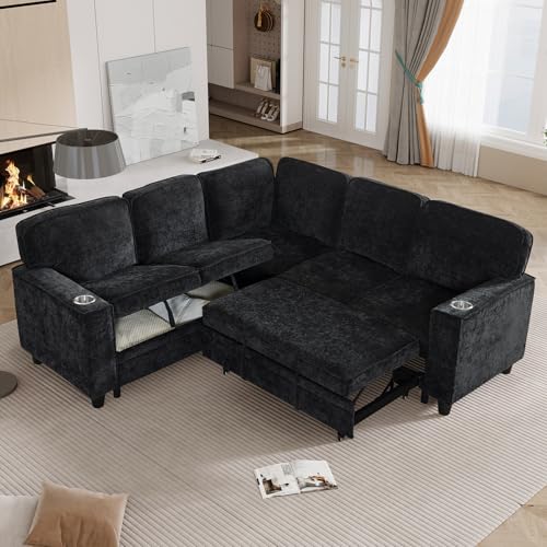 L-Shaped Pull Out Sleep Sofabed,Modern Reversible Sleeper Sectional Sofa Chenille Upholstered Button Tufted Decor with Storage Chaise