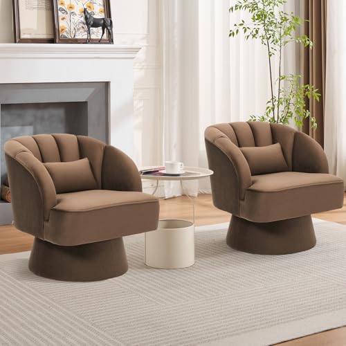 GarveeHome Modern Swivel Barrel Accent Chair, 360° Teddy Fabric Upholstered Armchair with Striped Backrest & Plush Padding