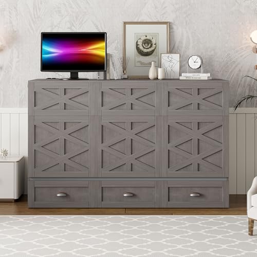 Harper & Bright Designs Full Size Murphy Bed Wall Bed, Solid Pine Murphy Bed Chest Cube Cabinet Bed with USB