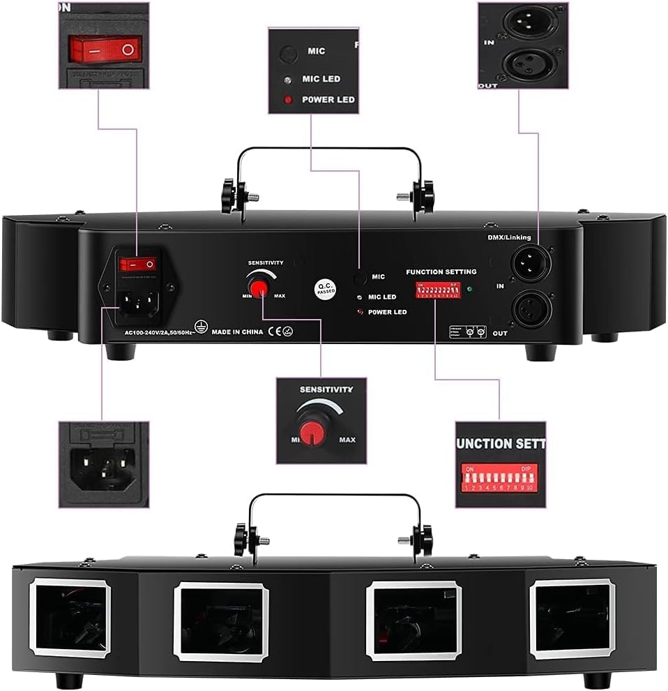 U`King Stage Laser Light, 5 Beam Sound Activated DJ Party Lights RGBYC LED Music Projector with Remote Control DMX for Dancing Birthday Bar Pub Stage