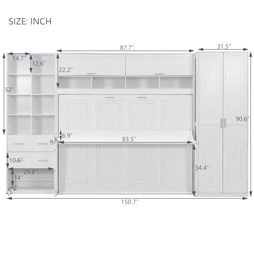 SOFTSEA Queen Size Murphy Bed with Desk, Horizontal Murphy Bed with Storage Wardrobe Drawers and Shelves, Hidden Wall Bedframe for Guest Room