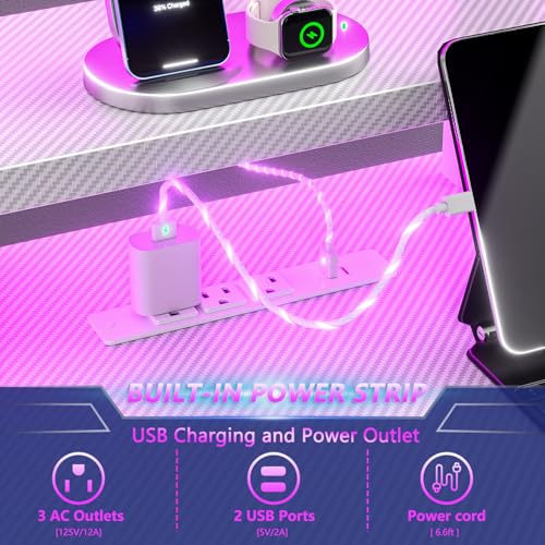 55 Inch Gaming Desk with Power Outlet & LED Lights, L Shaped Gamer Computer Table with Storage Shelves for Bedroom, Corner Home Office Desk