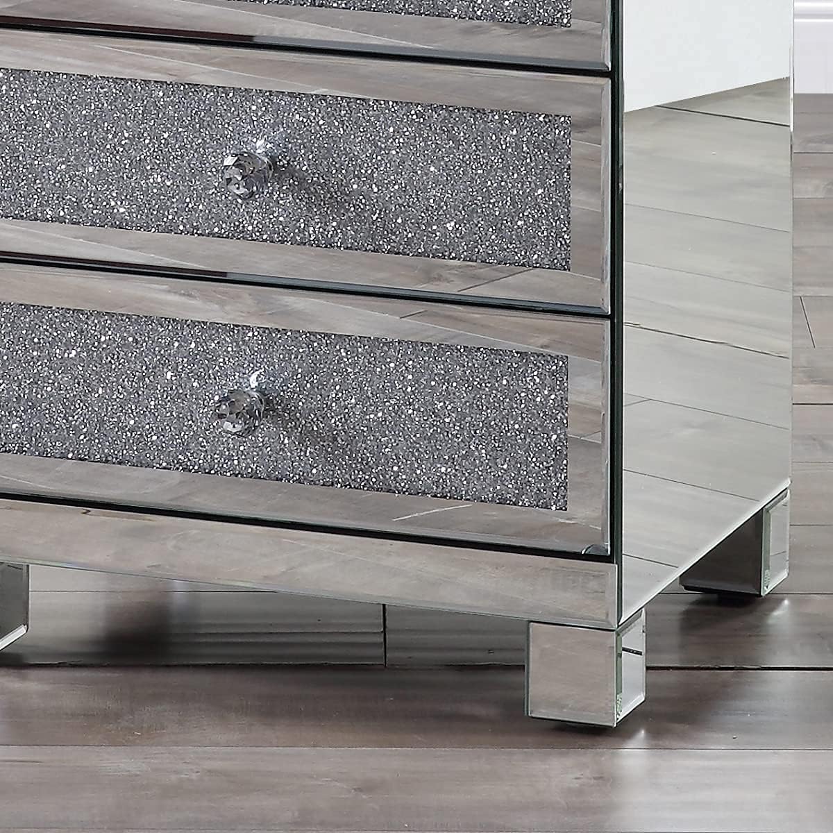 Mirrored Nightstand with 3 Drawers, Modern Small Crystal Diamond End Table Mirror Accent Silver Table