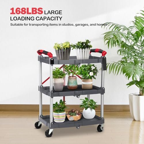 3-Tier Holds Foldable Utility Carts, Collapsible Service Rolling Carts with Wheels， for Home, Office, Garage