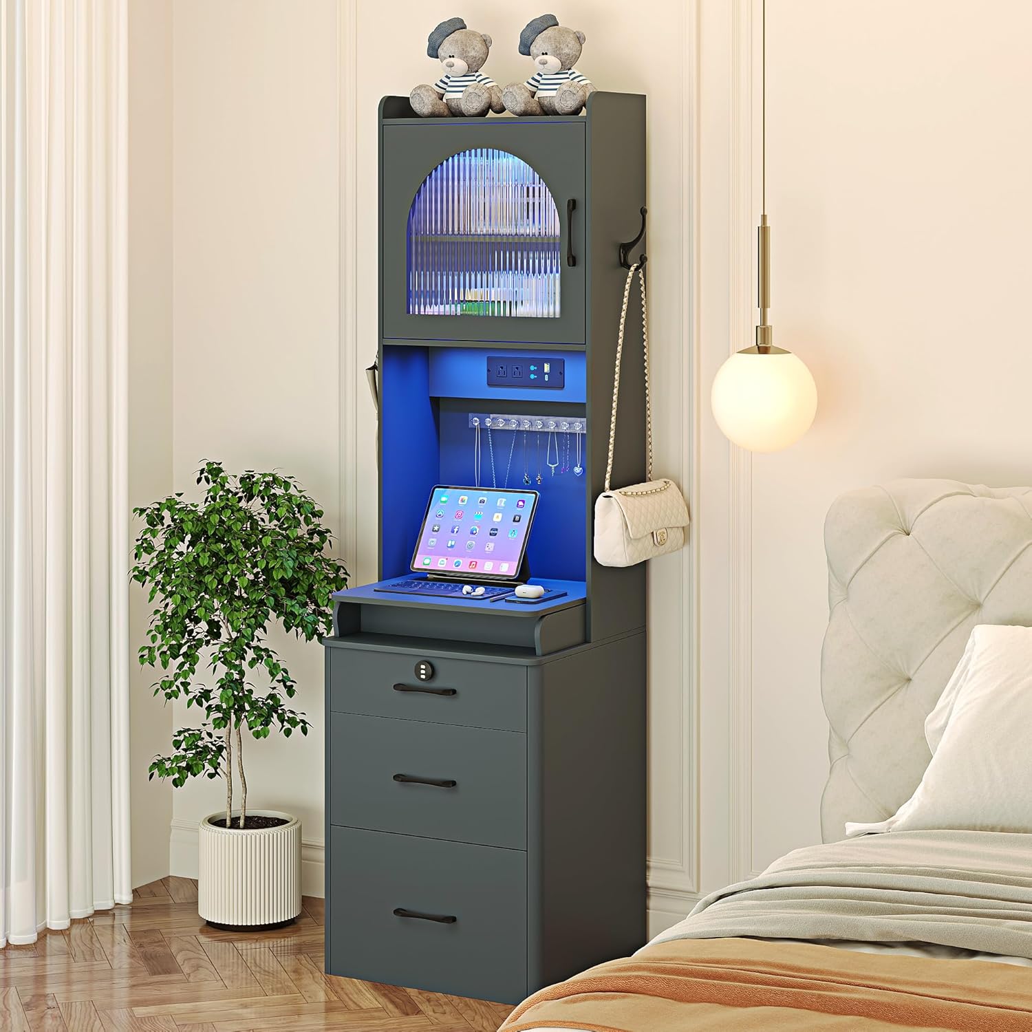 Small Vanity Desk with Mirror and Lights: Makeup Vanity Table with Combination Lock Drawers for Bedroom