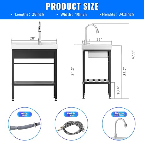 Stainless Steel Utility Sink, 30.8" × 22" × 39.5"Freestanding Sink with Cold and Hot Water Faucet,Hoses and Drain Kit for Kitchens, Bathrooms, Garage