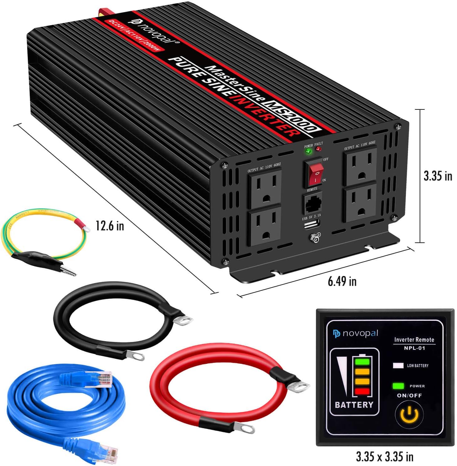 Novopal Power Inverter Pure Sine Wave-2000 Watt 24V DC to 110V/120V AC Converter- 4 AC Outlets Car Inverter with One USB Port-16.4 Feet Remote