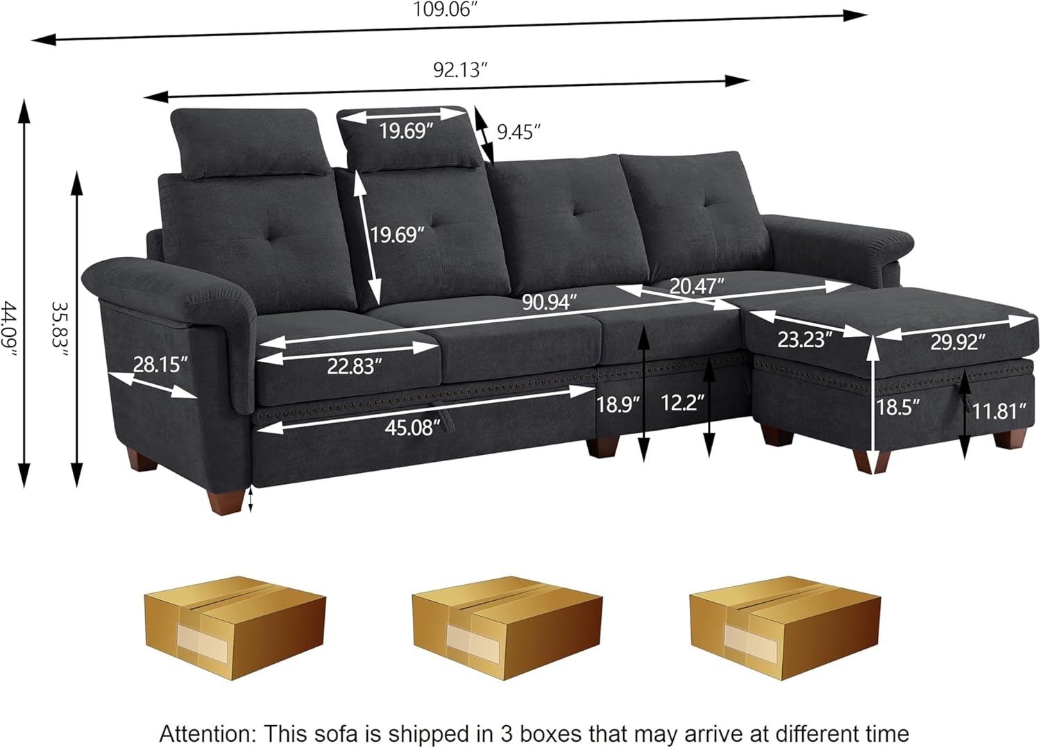 Convertible Sectional Sofa, 4 Seat L Shaped Couch with Reversible Storage Chaise and Cupholder, Wooden Legs, Upholstered Fabric for Living Room