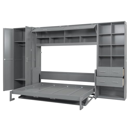 SOFTSEA Queen Size Murphy Bed with Desk, Horizontal Murphy Bed with Storage Wardrobe Drawers and Shelves, Hidden Wall Bedframe for Guest Room