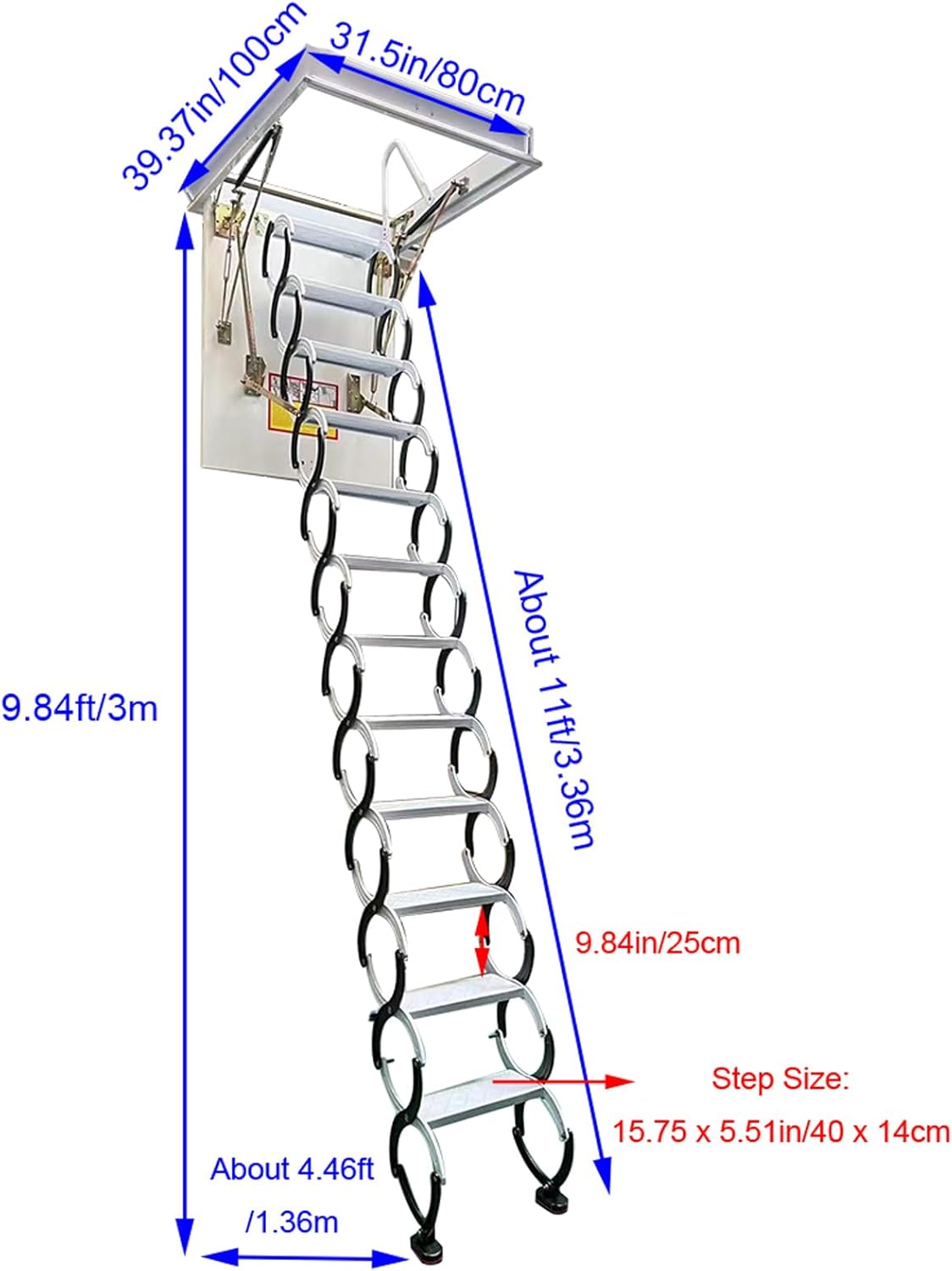 TECHTONGDA Ceiling Attic Loft Ladder, Retractable Pull Down Attic Ladder, 12 Steps Folding Ladder Attic Extension Stairs, 9.84ft Adjustable Height