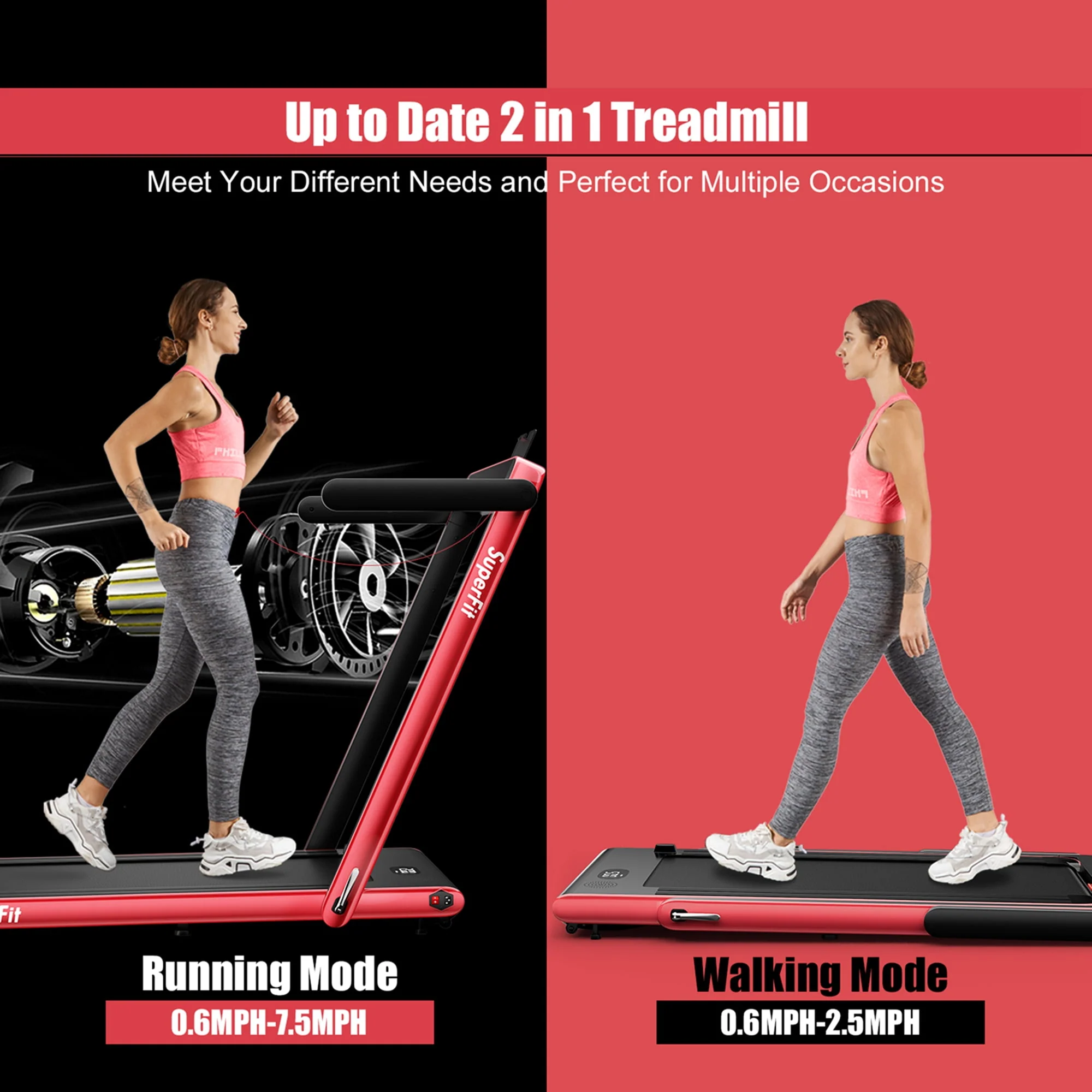SuperFit Up To 7.5MPH 2.25HP 2 in 1 Single Display Screen Folding Treadmill W/ APP Control Speaker Remote Control Blue