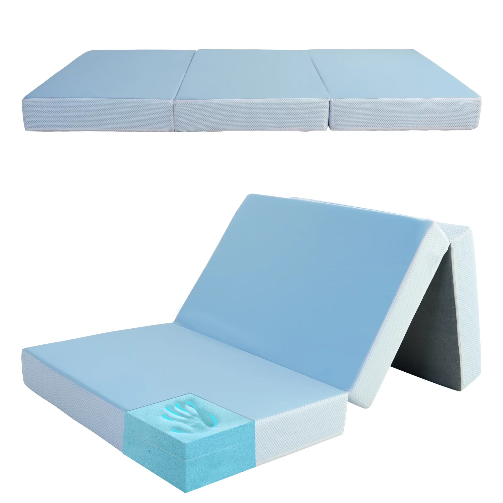 BYBYME 6 inch Folding Mattress, Cooling Memory Form Portable Trifold Mattress with Washable Cover and Non-Slip Bottom
