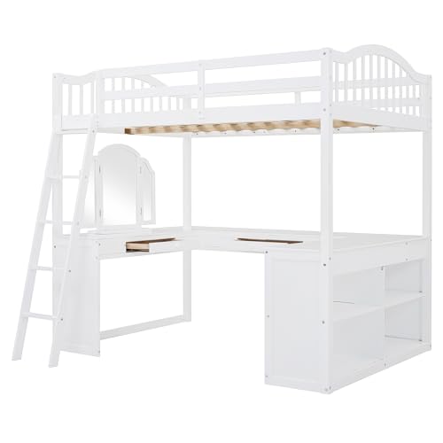 Harper & Bright Designs Full Size Loft Bed with Desk, Storage Shelves and Drawers, Solid Wood Loft Bed Frame with Built-in Wardrobe, Walnut