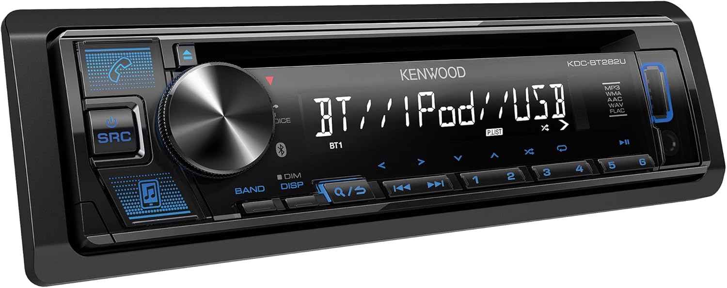 KENWOOD KDC-BT282U CD Car Stereo - Single Din, Bluetooth Audio, USB MP3, FLAC, Aux in, AM FM Radio