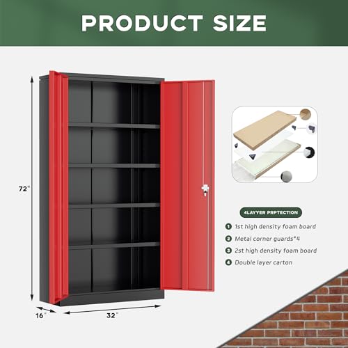 Greenvelly Metal Storage Cabinet, 72" Black Locking Metal Garage Storage Cabinet with Doors and 4 Adjustable Shelves