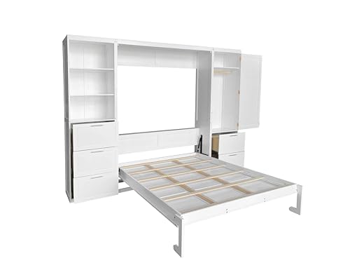 Queen Size Murphy Bed with Desk & Charging Station,Wall Bed Frame Folding into Cabinet Design w/LED & Storage Shelf for Small Space,Bedroom