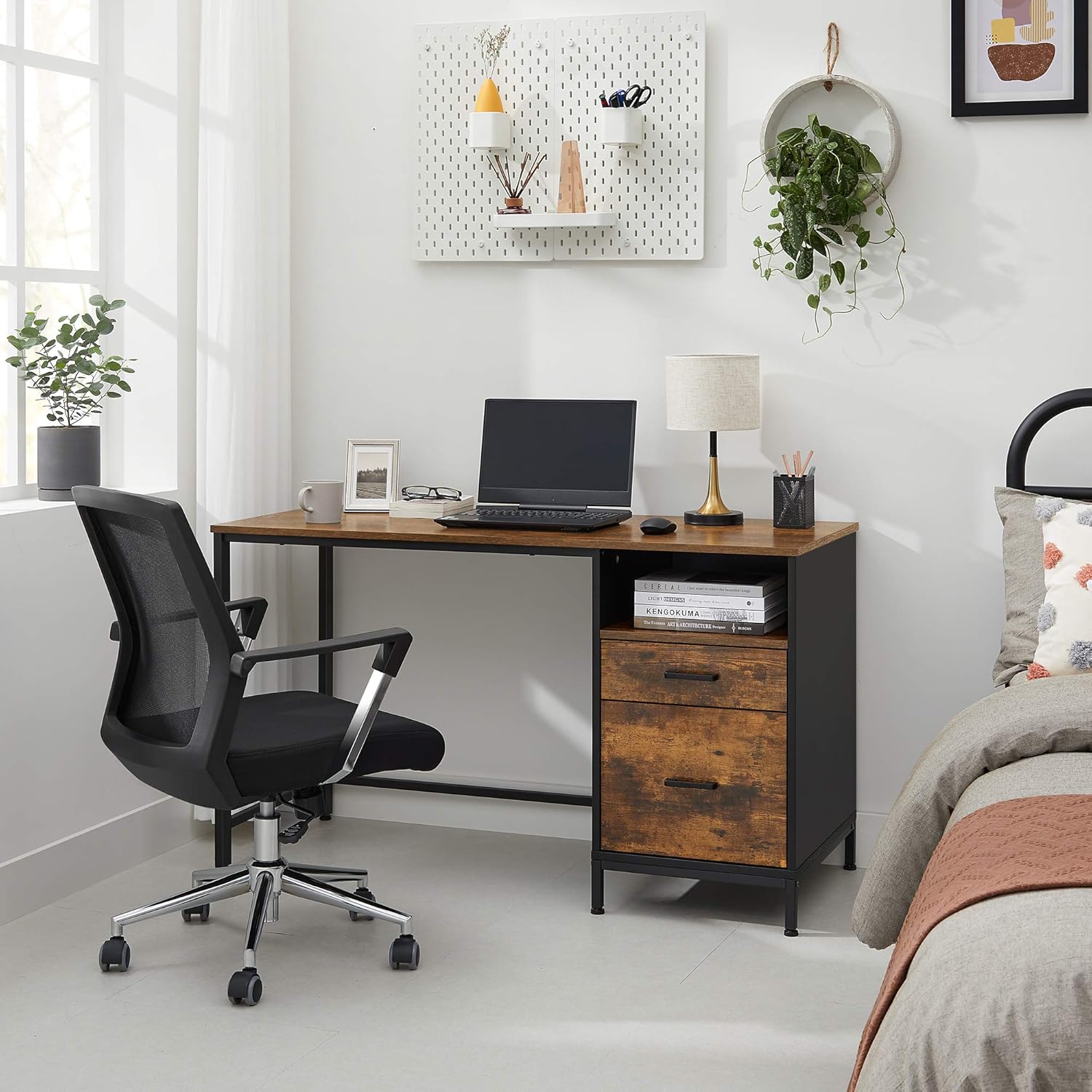 VASAGLE Computer Desk with Drawers, Writing Study Desk with File Cabinet, PC Desk for Home Office, Industrial Style, Rustic Brown and Black ULWD052B01