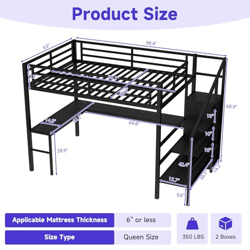 Full Size Metal Loft Bed Heavy-Duty Loft Bed Frame, LED Loft Bed Frame with L Shaped Desk, Wardrobe, Storage Stairs