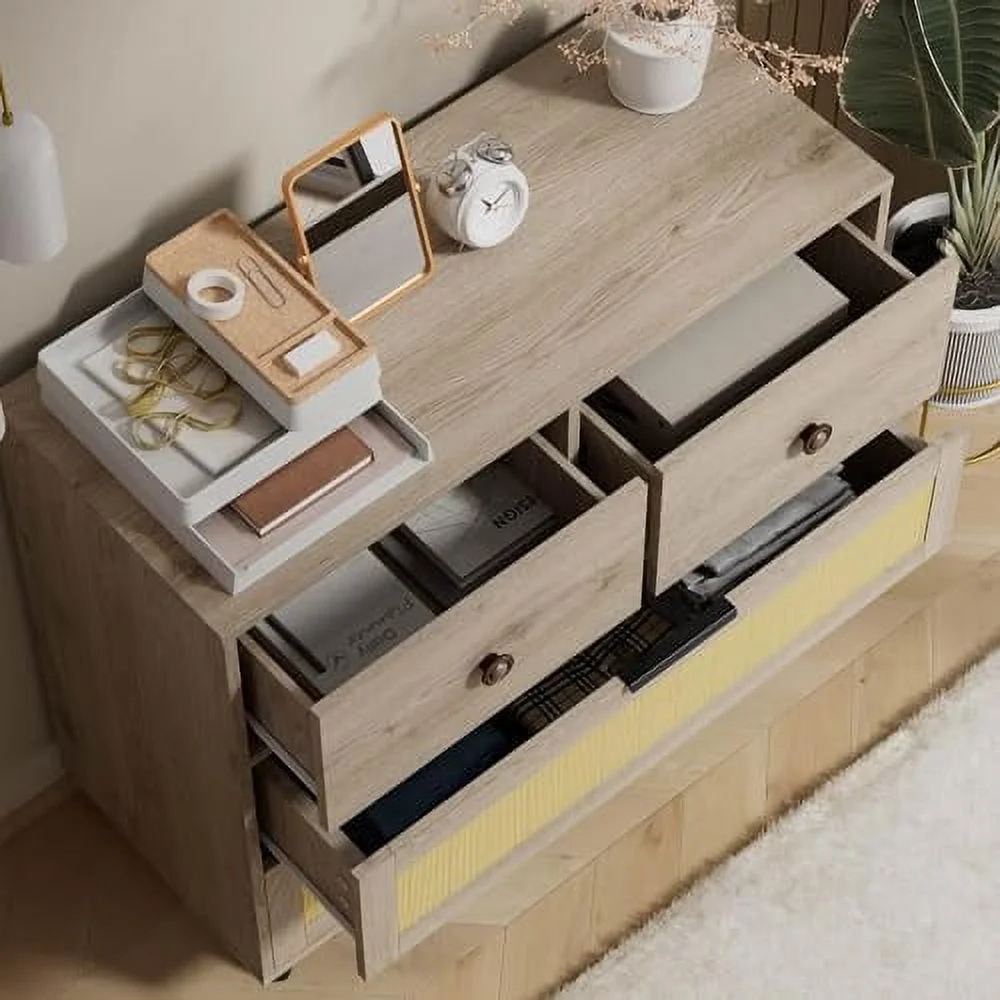 JYHOME Small 3 Drawer Dresser  Mid-Century Modern Rattan Dresser Chest with Metal Handles  Wood  Cabinet of Drawers for Bedroom  Living Room  Hallway