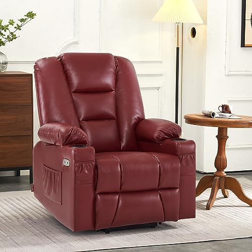 MCombo Small Power Lift Recliner Chair with Massage and Heat for Petite People, Cup Holders, USB Ports, Side Pockets, Faux Leather 7569 (Small