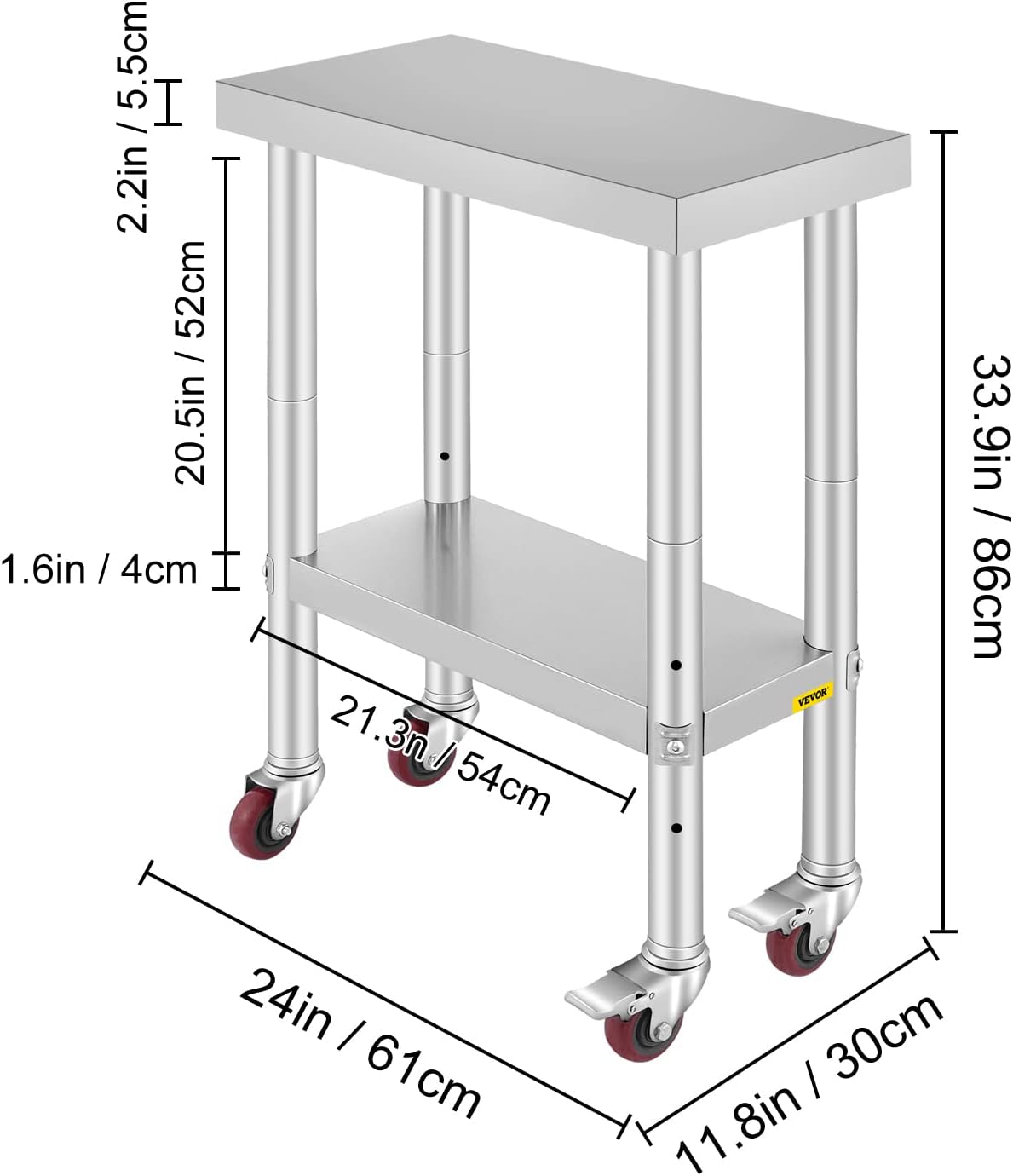Mophorn Stainless Steel Work Table with Wheels 24 x 30 Prep Table with casters Heavy Duty Work Table for Commercial Kitchen Restaurant Business (24 x