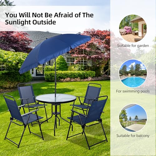 Vongrasig 6 Piece Folding Patio Dining Set,Small Metal Outdoor Garden Patio Table and Chair Set w/Umbrella for Lawn,Deck,Backyard,Black
