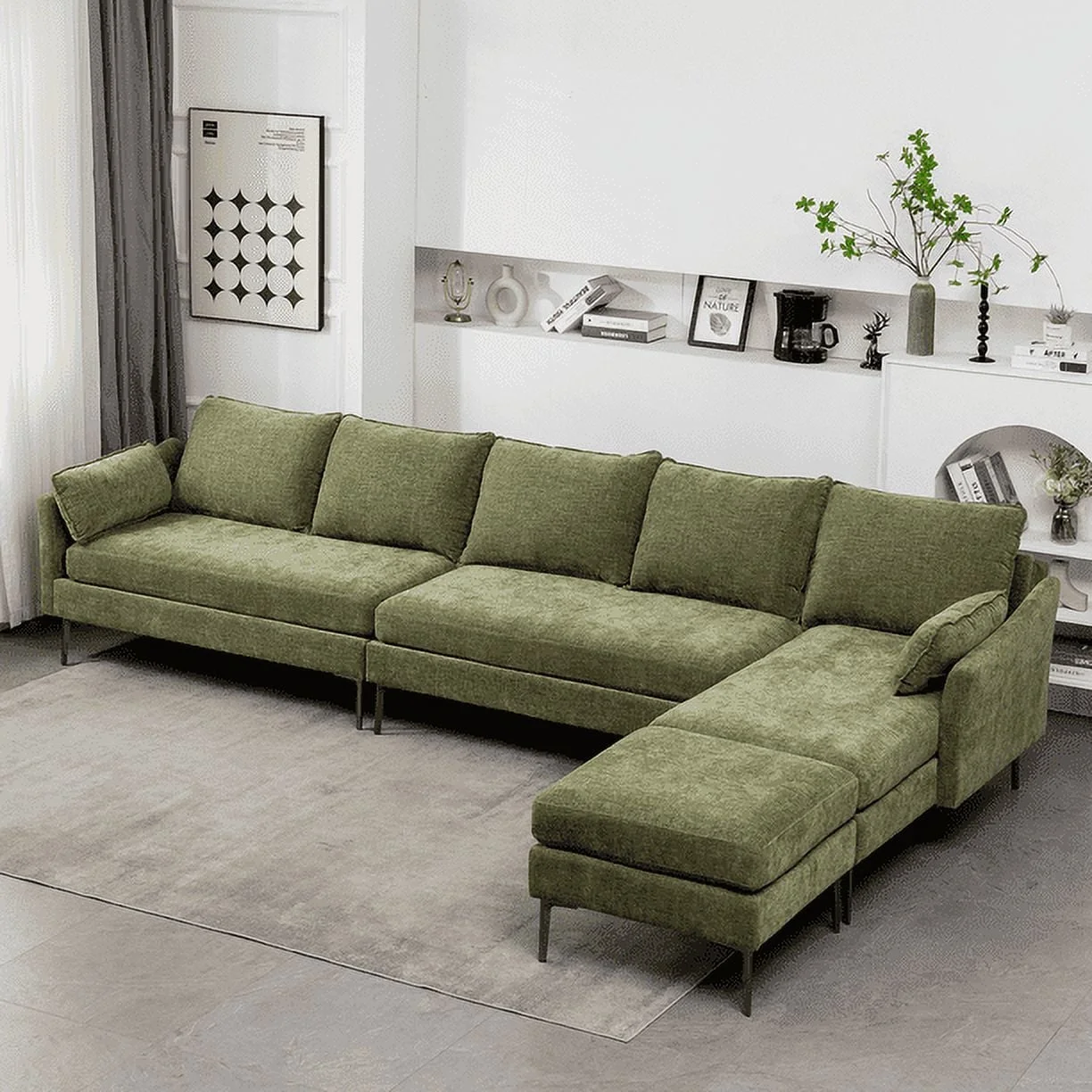 Mellcom L Shaped Sectional Sofa Chenille Convertible Sectional Couch with Chaise Lounge and Ottman for Living Room,Green