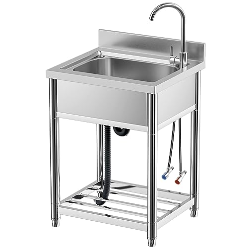 Free Standing Stainless-Steel Single Bowl Commercial Restaurant Kitchen Sink Set w/Faucet, Prep & Utility Washing Hand Basin w/Storage Shelve