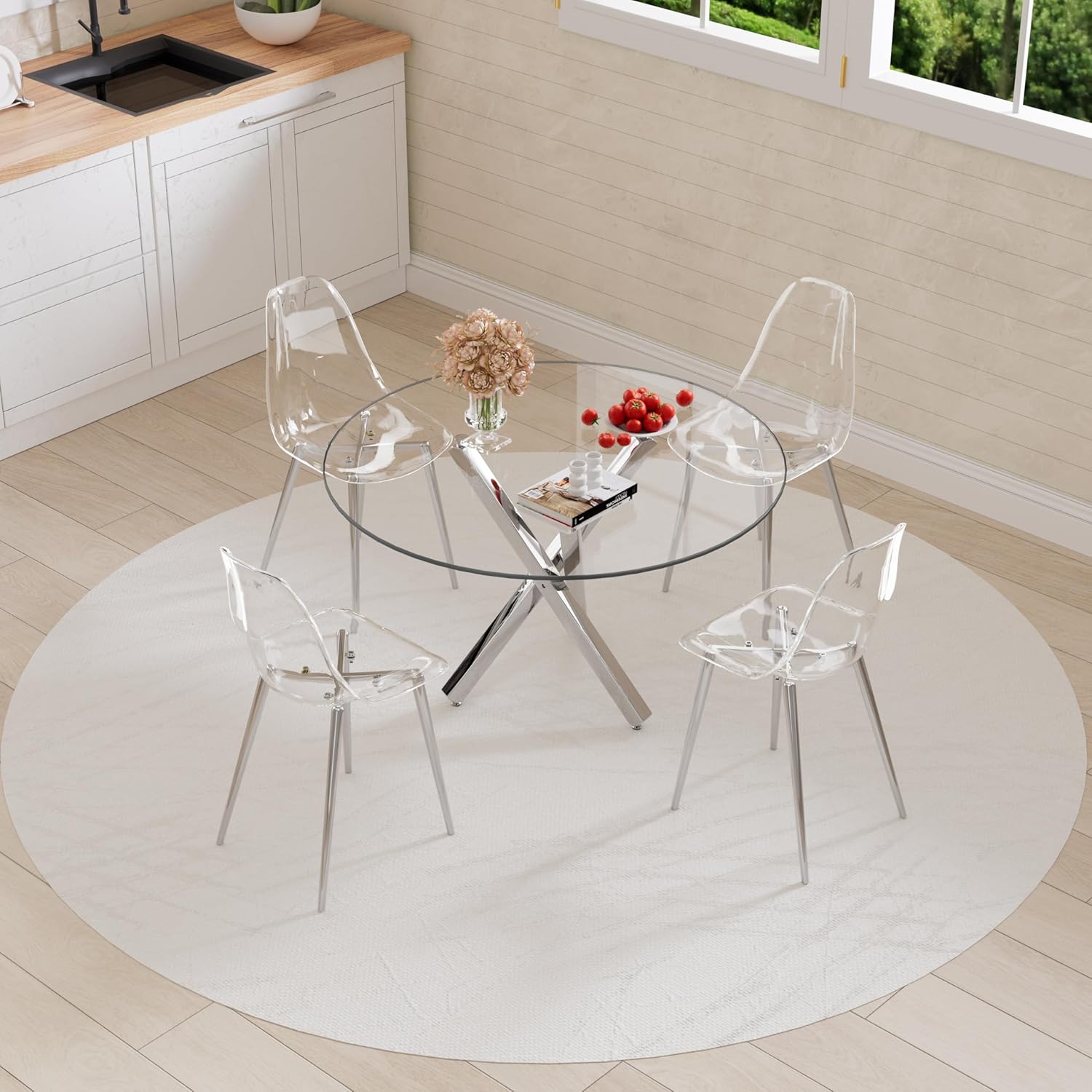 Baysitone Round Glass Dining Table Set for 4, 47'' Circle Dining Table Set, Durable Glass Dining Room Table Set with 4 Clear Acrylic Chair